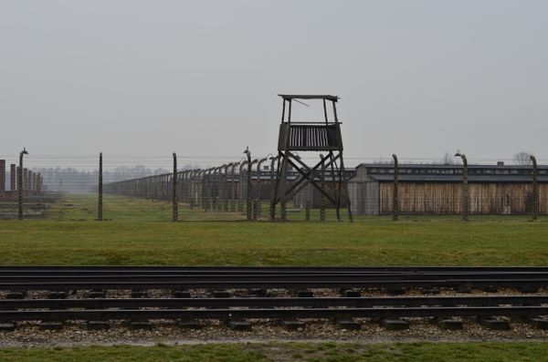 Liniile de cale ferată de la Auschwitz-Birkenau ducând spre turnul de pază