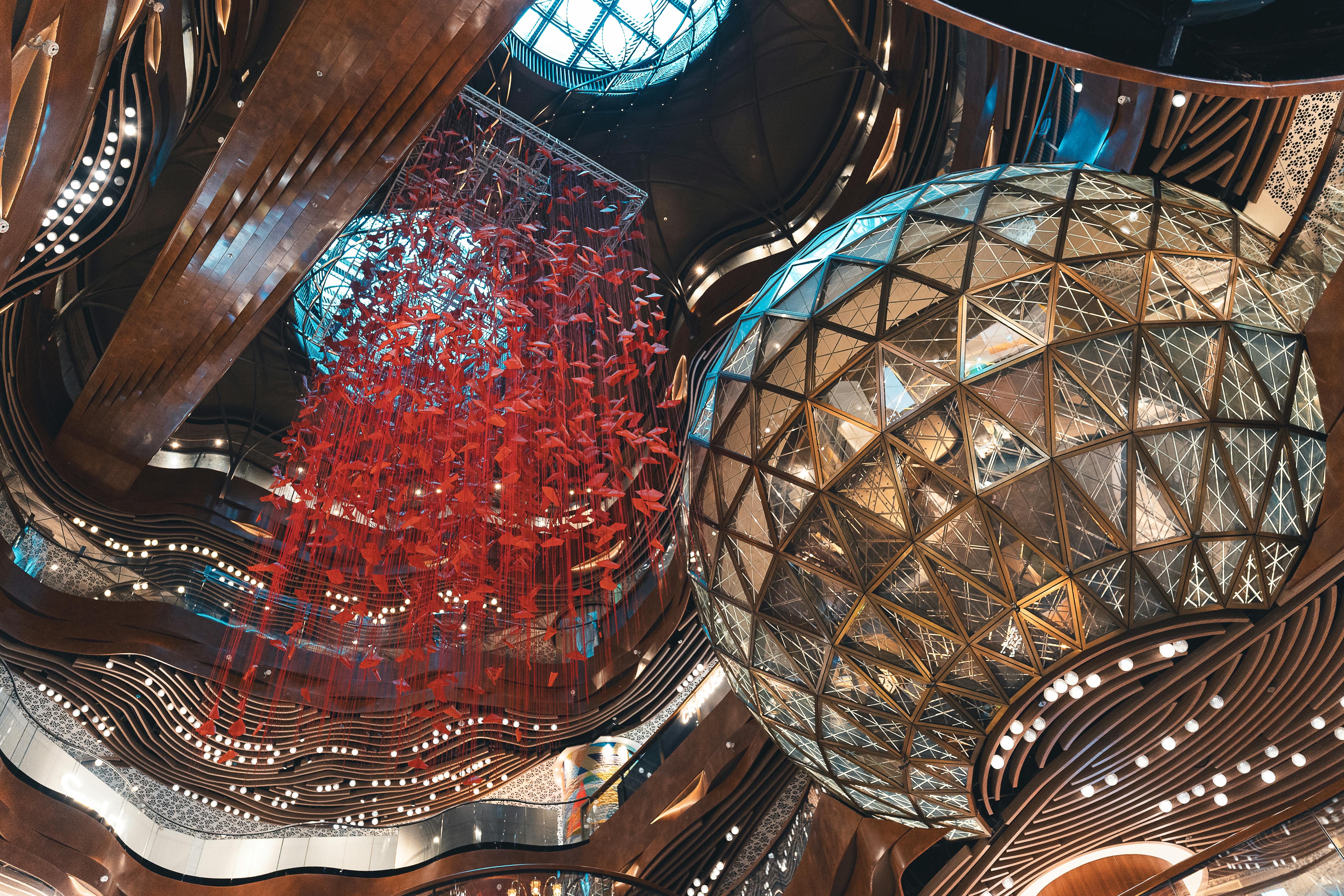 A stunning interior architecture with unique art installation and geometric design at Hong Kong's landmark.