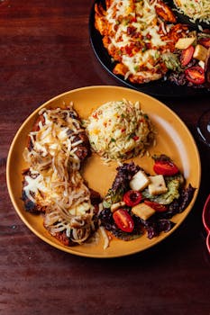 Ecuadorian meal featuring grilled chicken, rice, and fresh vegetables on a vibrant plate.