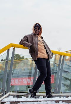 Man in trendy outfit poses on a bridge with snow, showcasing urban fashion style.