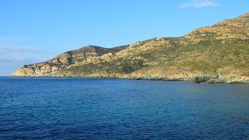 Free Beautiful coastal landscape in Centuri, Corse, with rugged cliffs and clear blue waters. Stock Photo