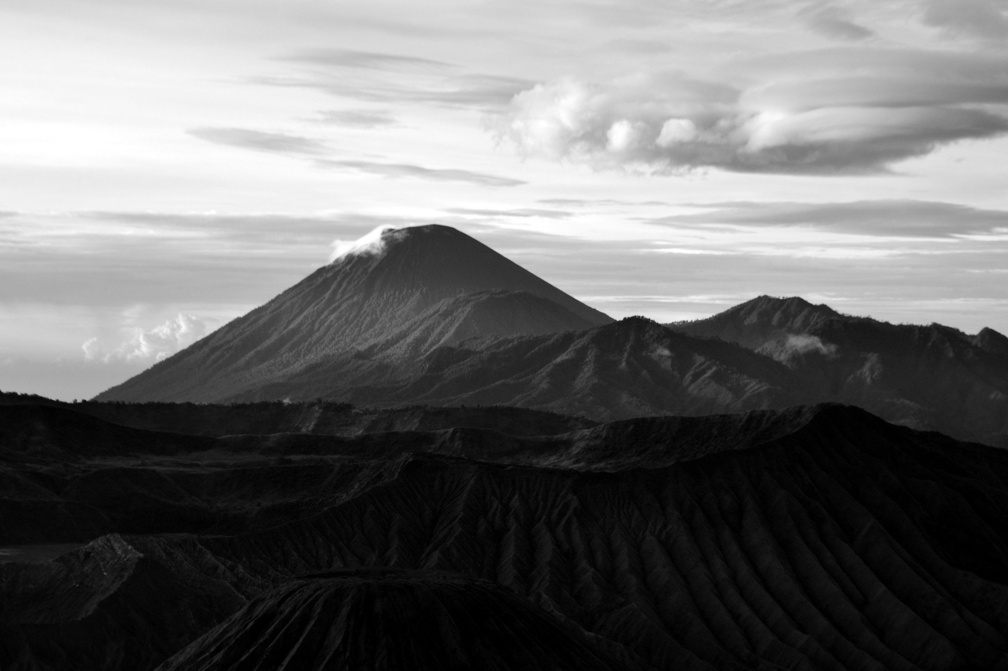 Captivating black and white image of Mount Bromo's volcanic landscape in East Java, Indonesia.