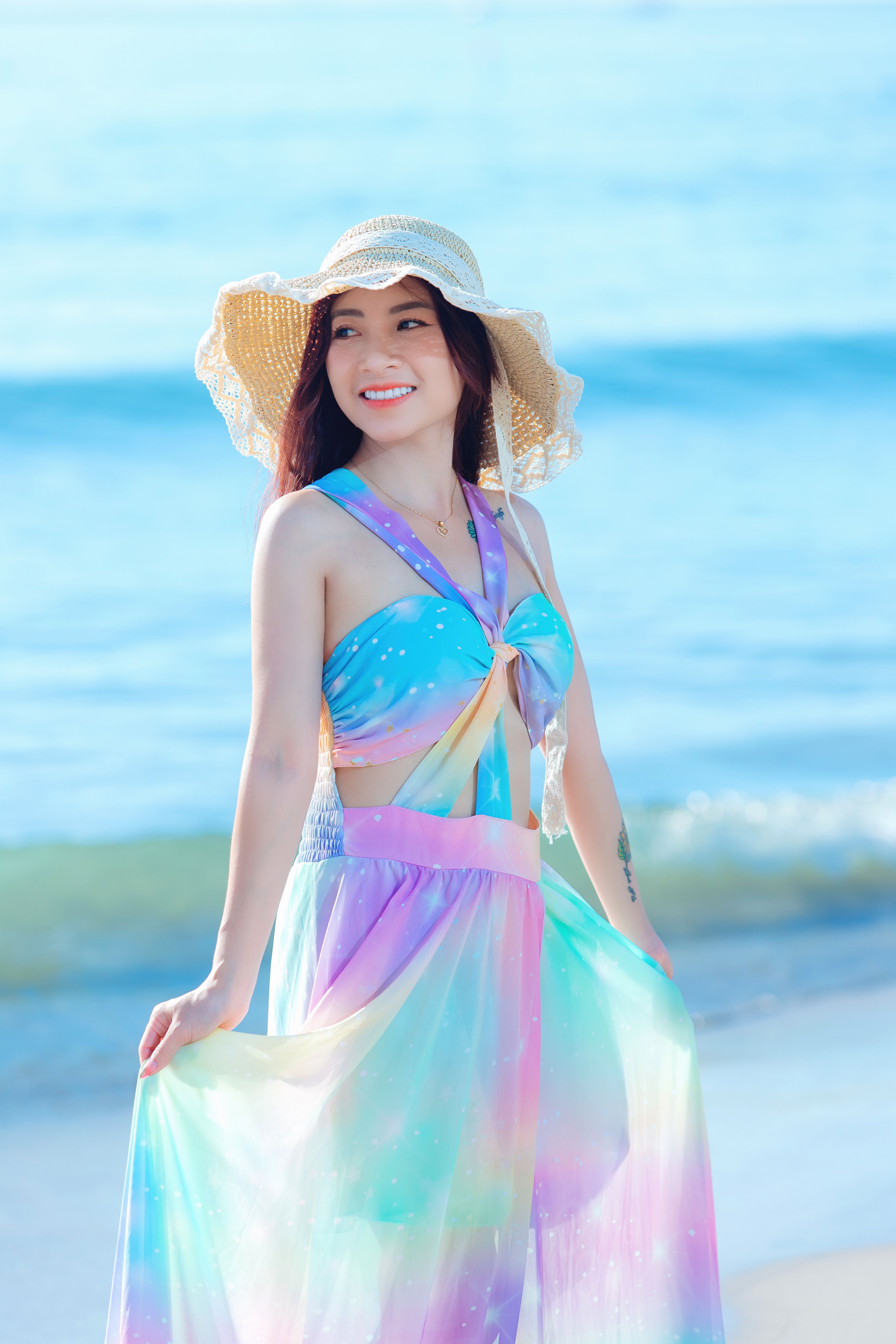 strapless open back dress Pastel Rainbow Long Sleeve Midi Dress with Pockets, Women Ombre Gradient Pink Tie Dye Casual Cute Designer Flare Elegant Plus Size Dress 2XL