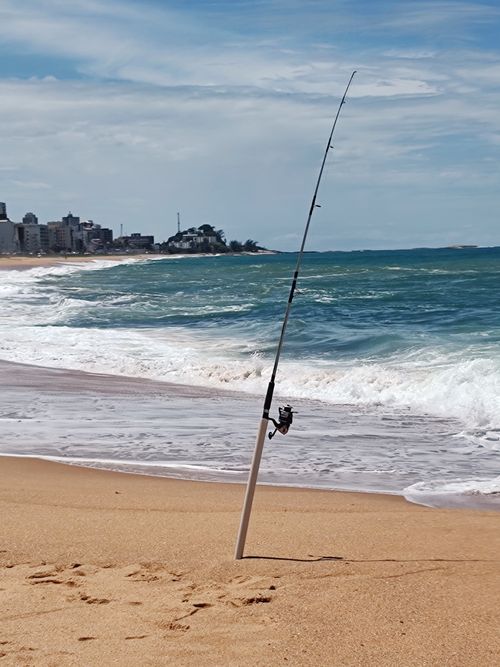 Free A solitary fishing rod stands on the sandy beach overlooking the ocean in Macaé, Brazil. Stock Photo
