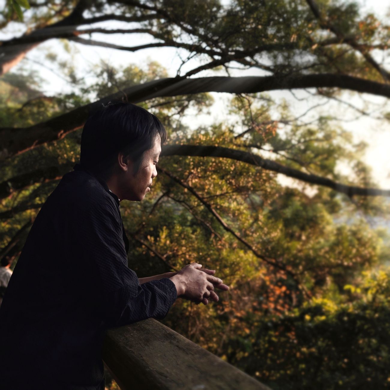 A man leans on a wooden railing, lost in thought, surrounded by lush greenery during sunset.