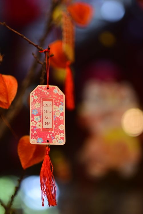 Free Close-up of a vibrant red tag with floral patterns hanging on a decorative branch, symbolizing celebration. Stock Photo
