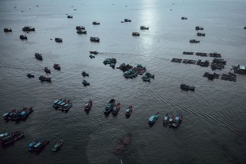 Free A serene aerial shot of numerous fishing boats on the sea during twilight, creating a peaceful maritime scene. Stock Photo