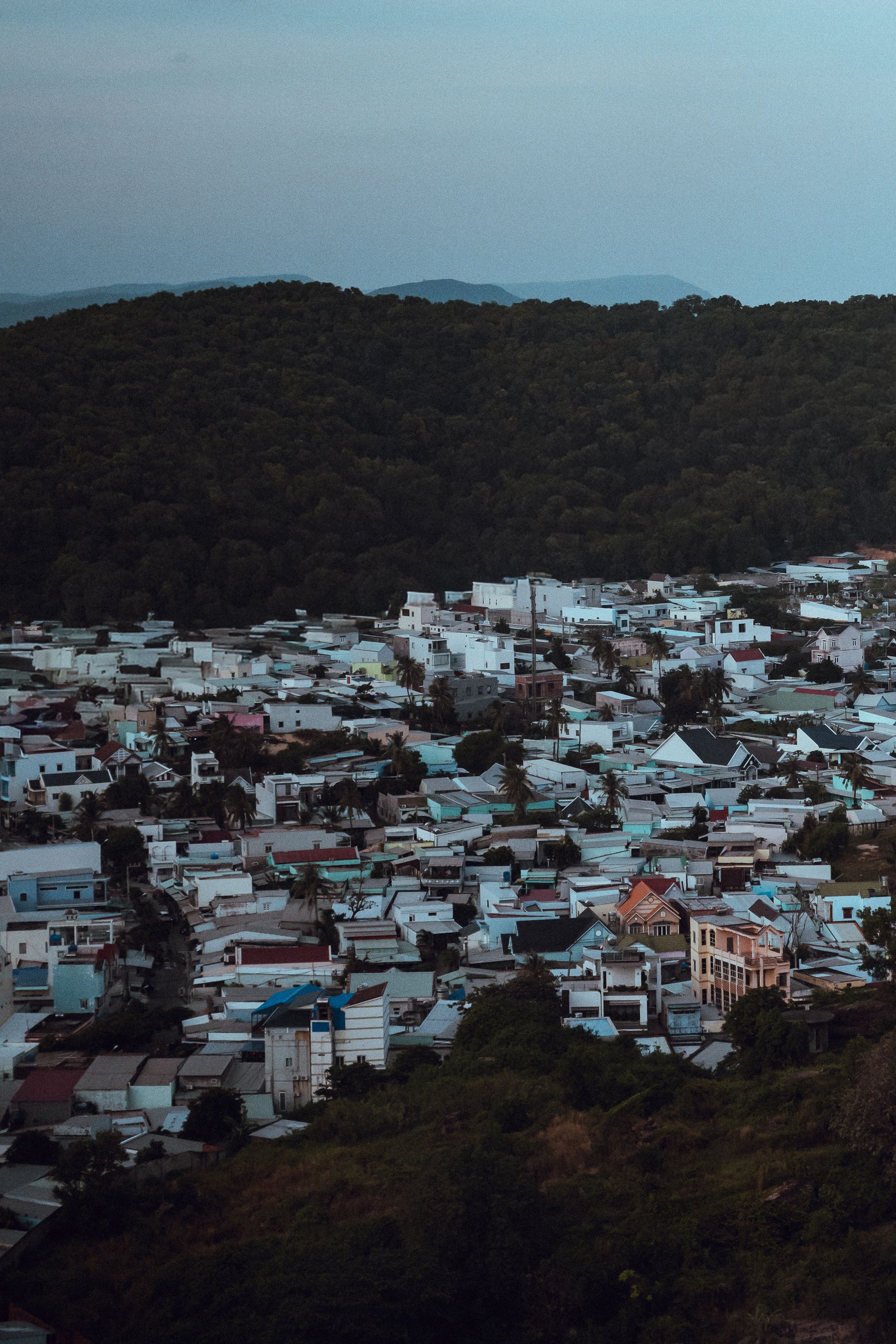A captivating cityscape with contrasting forested hills in the background under a serene sky.