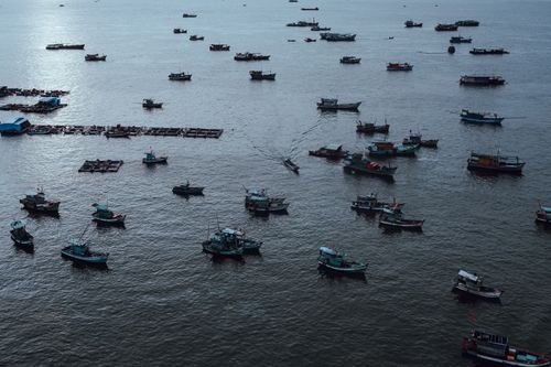 Free Aerial shot of fishing boats spreading across a large body of water under calm conditions. Stock Photo