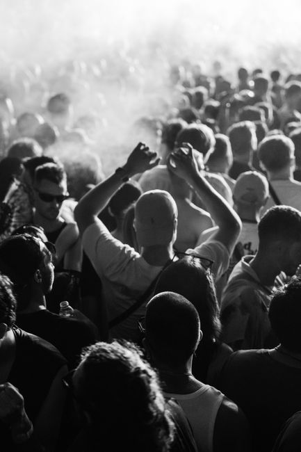 Vibrant crowd enjoying a music festival with hands raised in the air, captured in monochrome.