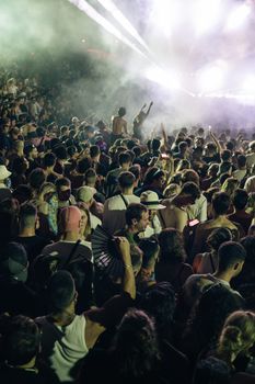 Vibrant crowd enjoying a music festival concert under bright lights and smoke effects.