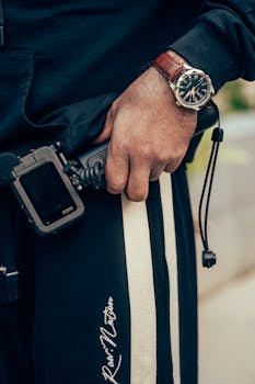 Close-up of a man's hand holding an action camera, showcasing casual fashion and a wristwatch.