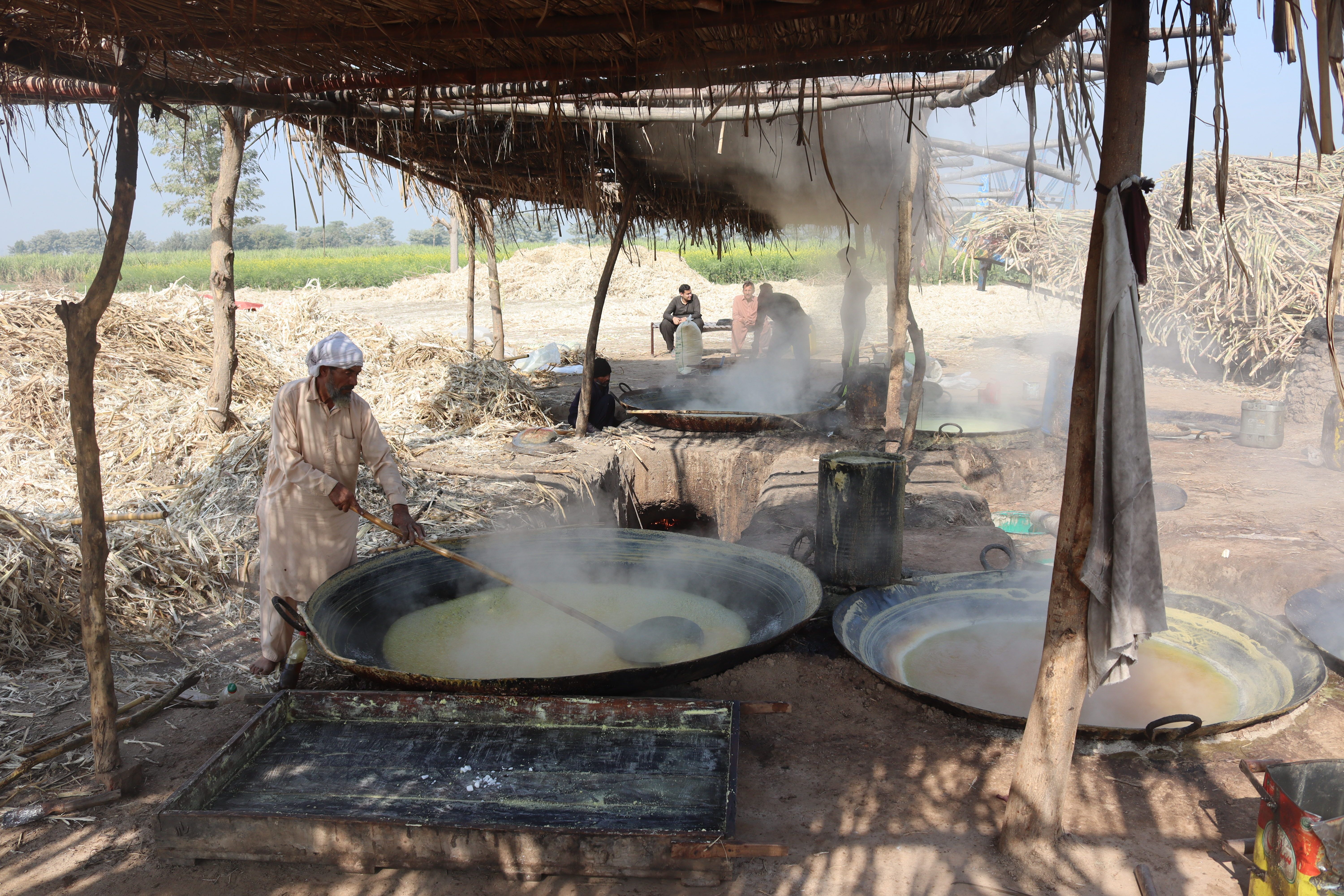 Men working in sugarcane processing under a straw hut in a rural area.
