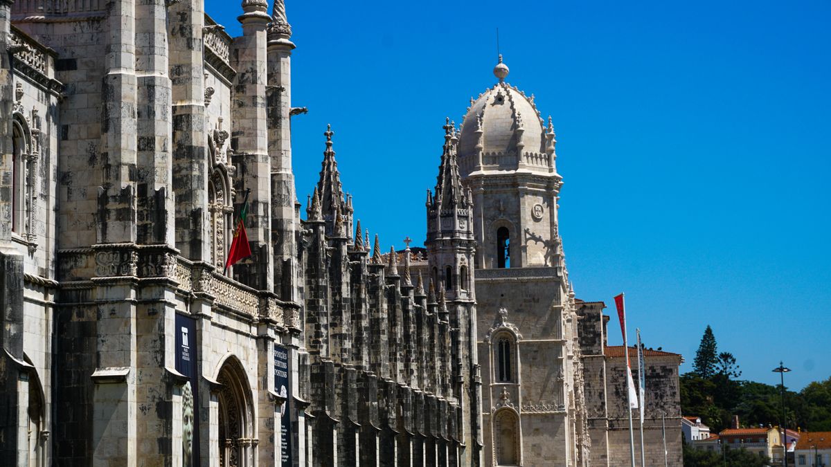 The Manueline facade and dome of Jeronimos Monastery in Belem, Lisbon