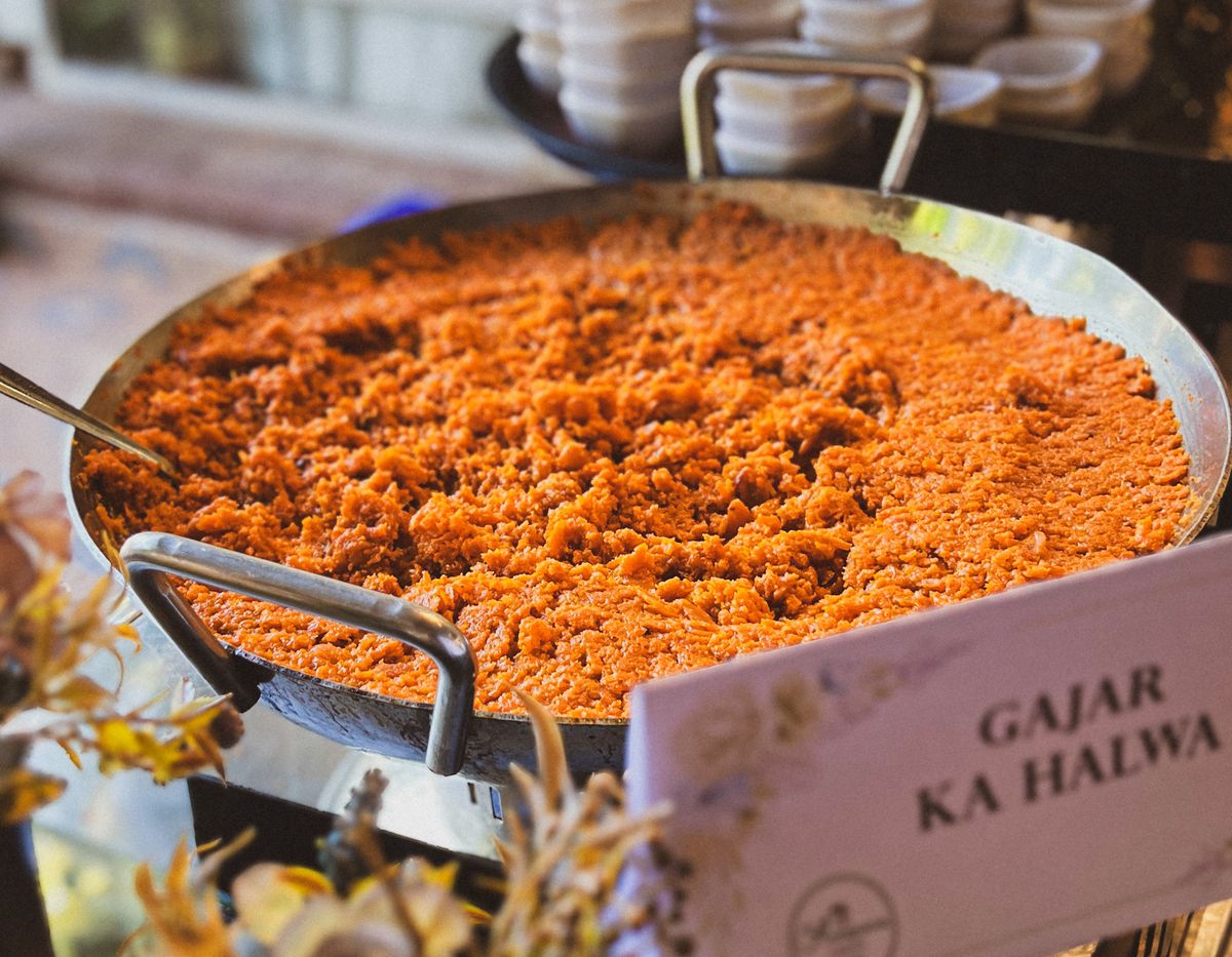 Gajar halwa served at a buffet table