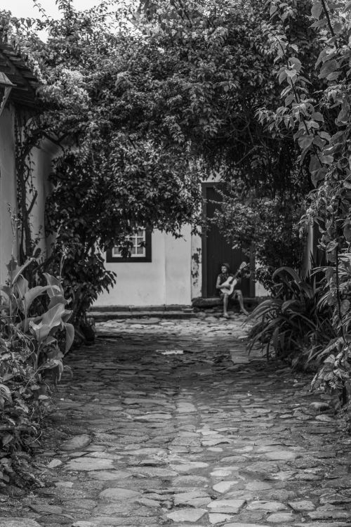 Free Serene black and white courtyard with cobblestone path and lush greenery, featuring a person playing guitar. Stock Photo