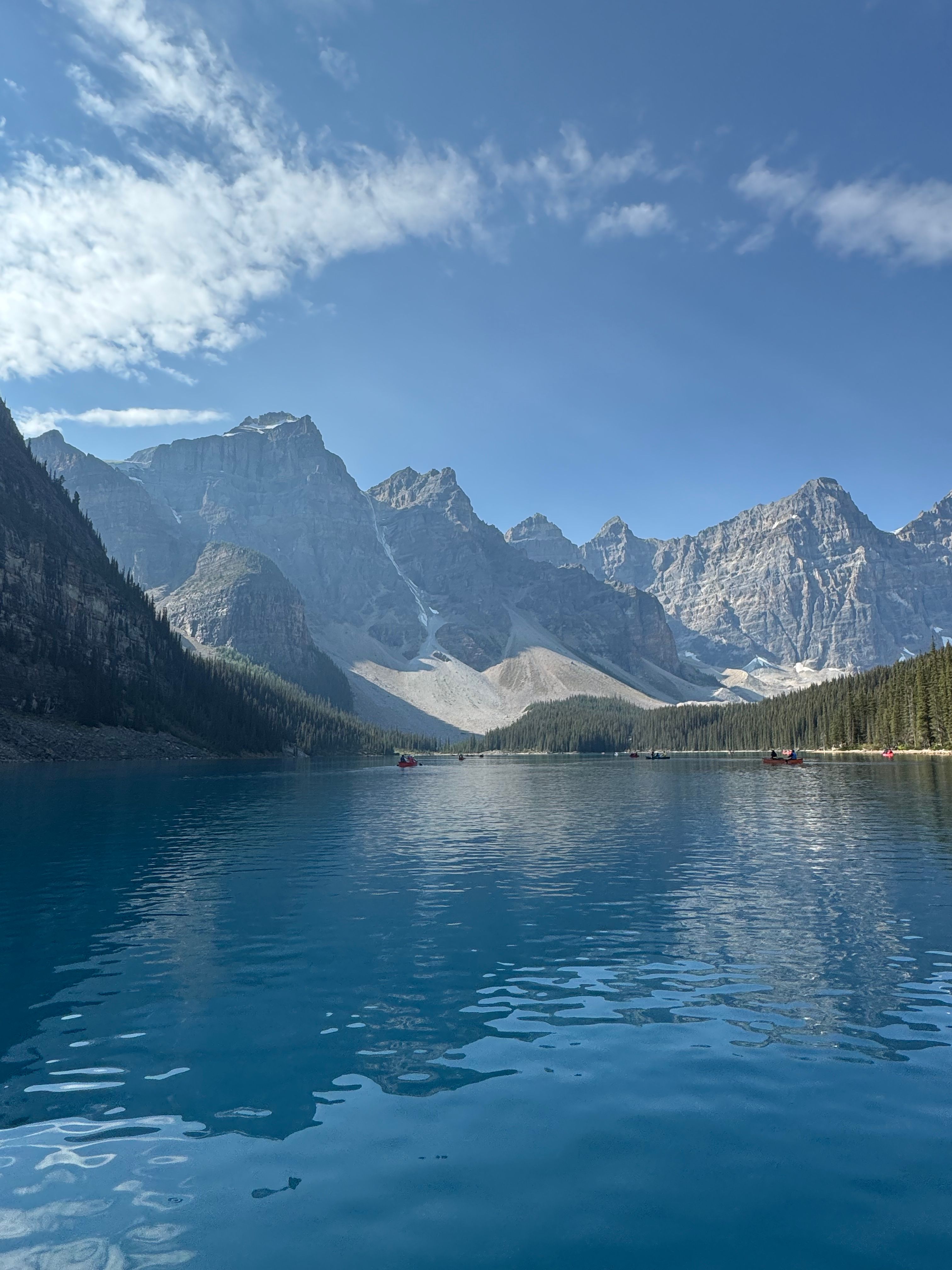 Breathtaking view of Moraine Lake with reflecting waters against the Rocky Mountains in Alberta, Canada.