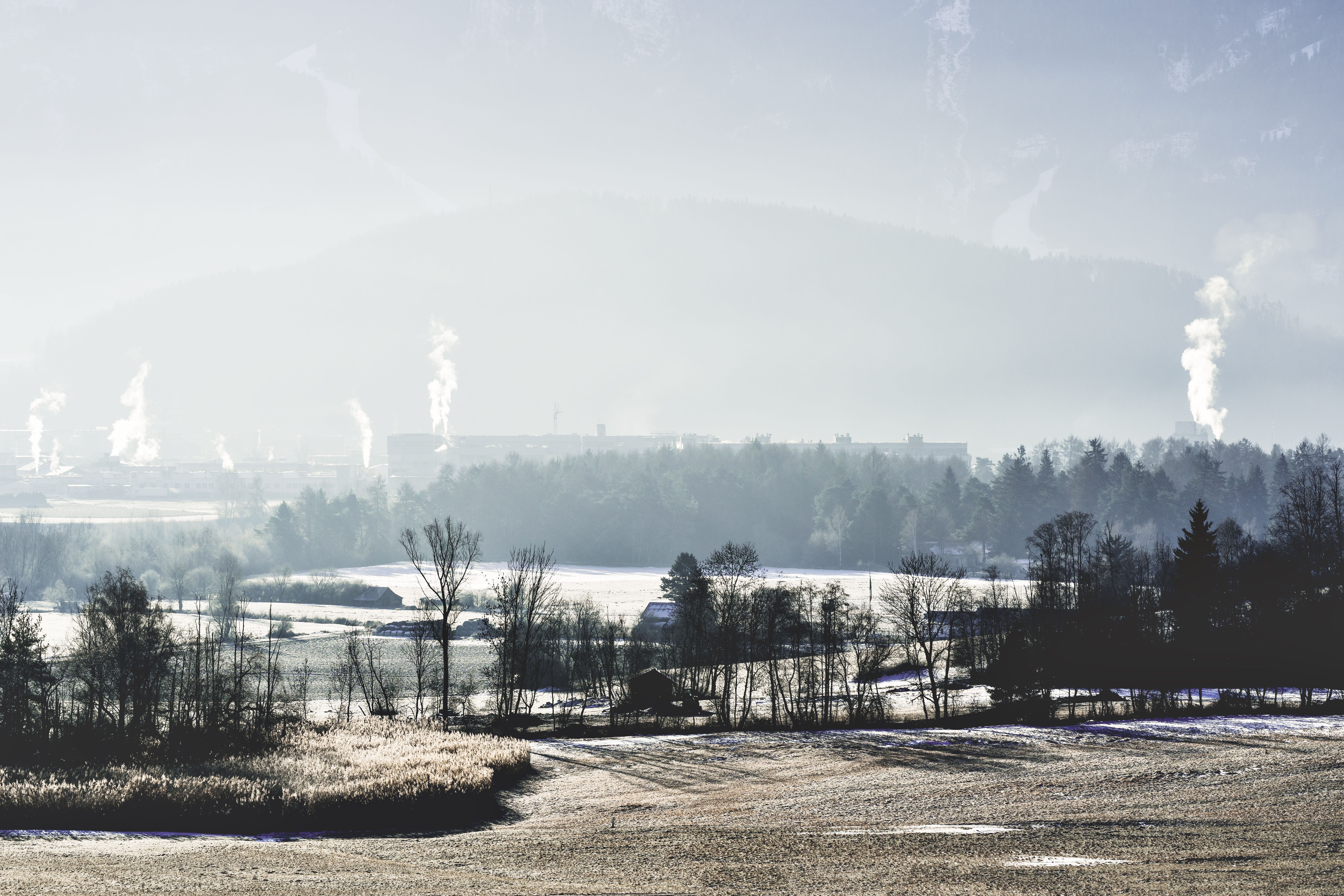 A tranquil winter scene featuring snow-covered fields and distant industrial factories emitting smoke.