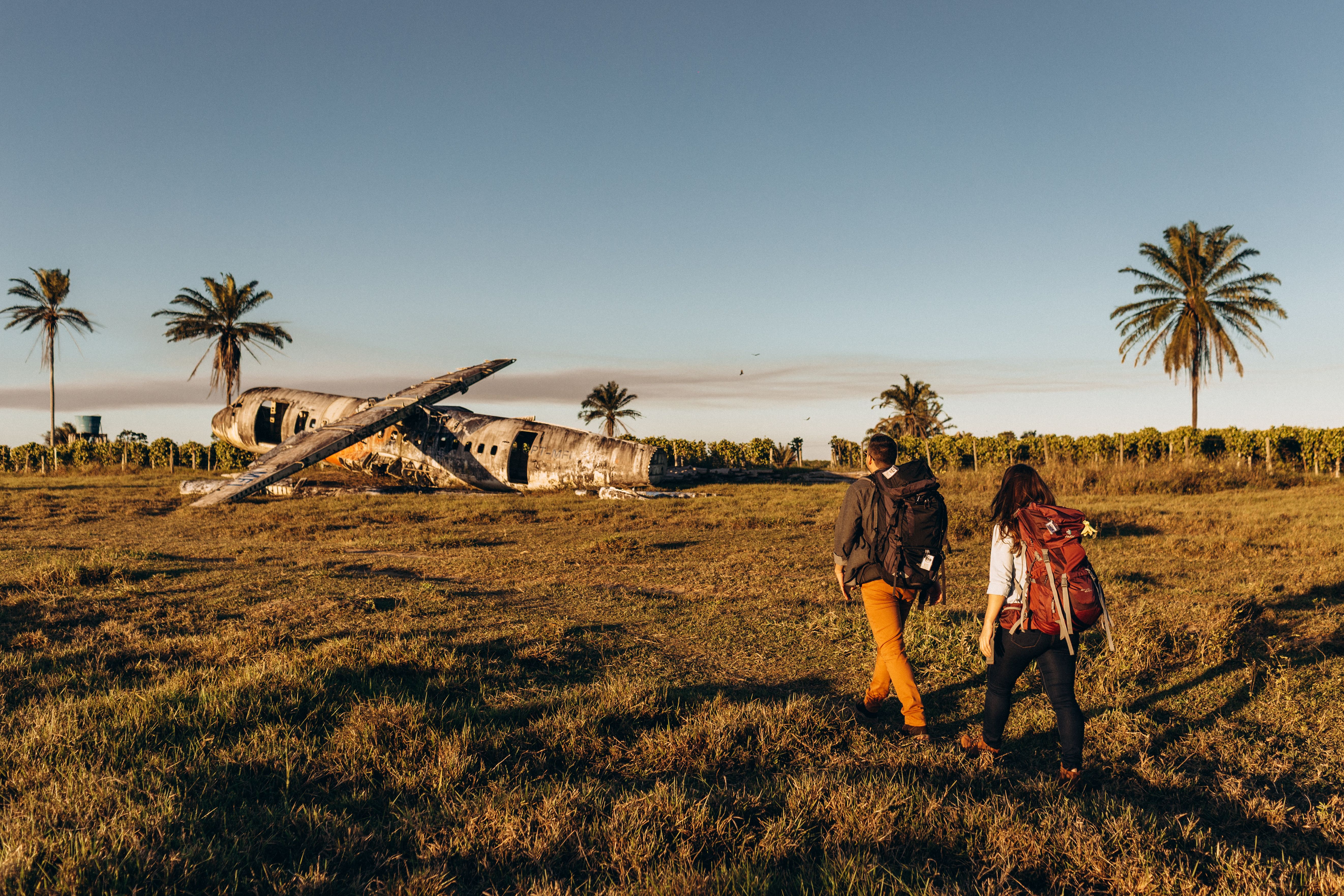 Two adventurers walking toward an abandoned plane in a grassy field with palm trees.