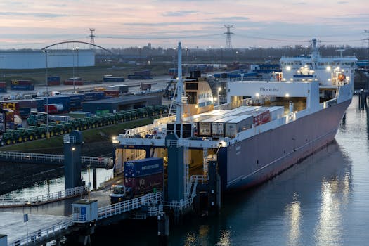 A large cargo ship unloading at Europoort Rotterdam port during dawn, showcasing busy maritime logistics.