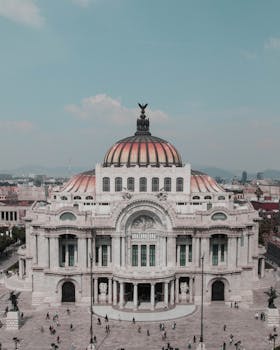 Aerial view of the iconic Palacio de Bellas Artes in Mexico City, showcasing its stunning architecture.
