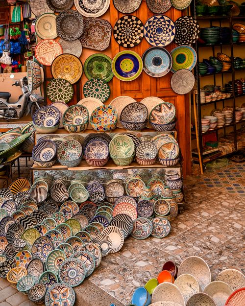 Free Vibrant traditional Moroccan pottery on display in Marrakesh market showcasing cultural craftsmanship. Stock Photo