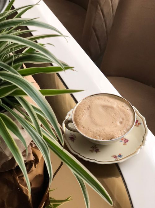 Free A delicate coffee cup with floral design amidst green foliage on a reflective surface, exuding warmth. Stock Photo
