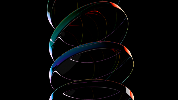 Vivid and dynamic 3D abstract glass structure with colorful reflections on a dark background.