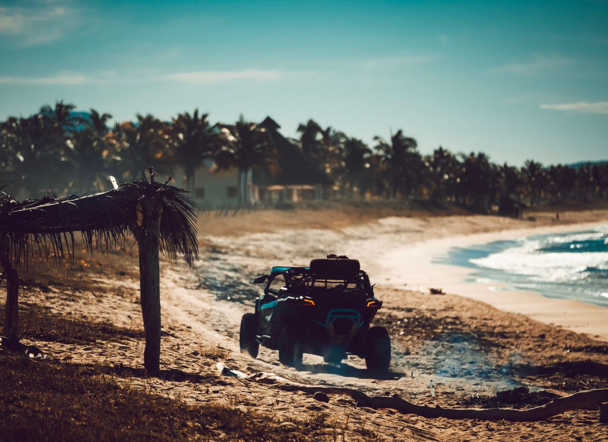 All-terrain vehicle driving on a tropical beach with palm trees — ATV and buggy tours are a top Dominican Republic activity