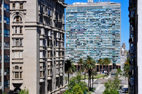 Free Explore the blend of modern and historic architecture in Montevideo, featuring palm trees and cityscape. Stock Photo