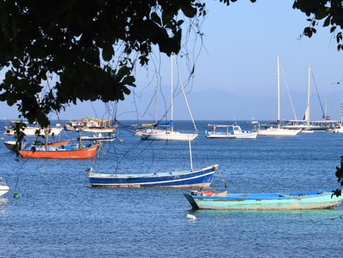 Free A peaceful scene of various boats anchored on a bright sunny day with clear blue water. Stock Photo