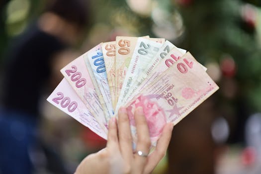Hand holding multiple denominations of Turkish Lira banknotes outdoors.