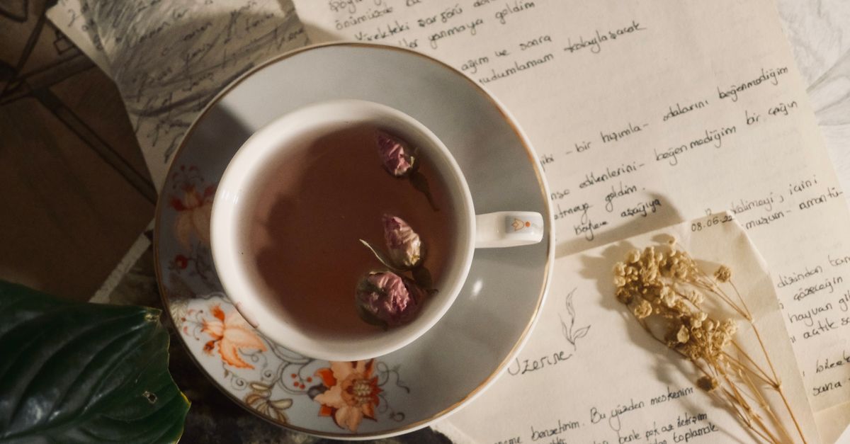person reviewing handwritten notes with a cup of tea, soft lighting