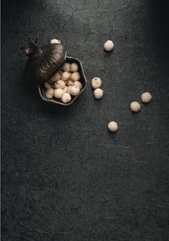 Artistic still life featuring lotus seeds in an ornate bowl on a textured surface.