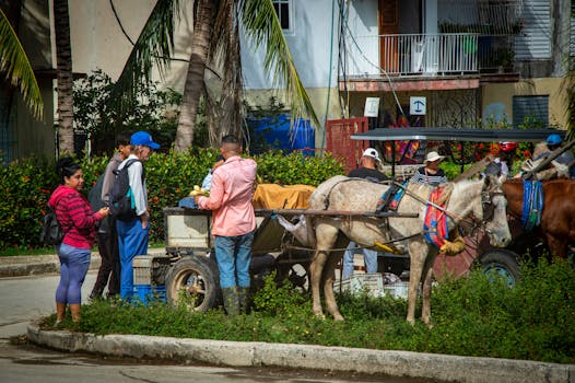 Vivace mercato di strada con persone e carri trainati da cavalli in un ambiente tropicale.