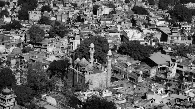 Aerial view showcasing architecture and cityscape of Gwalior, Madhya Pradesh in black and white.