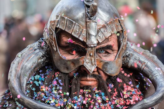 Close-up of a man in Viking cosplay with confetti during a Luzern carnival celebration. by Pixabay