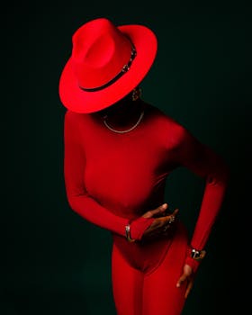 Elegant woman poses in vibrant red outfit and hat against dark background.
