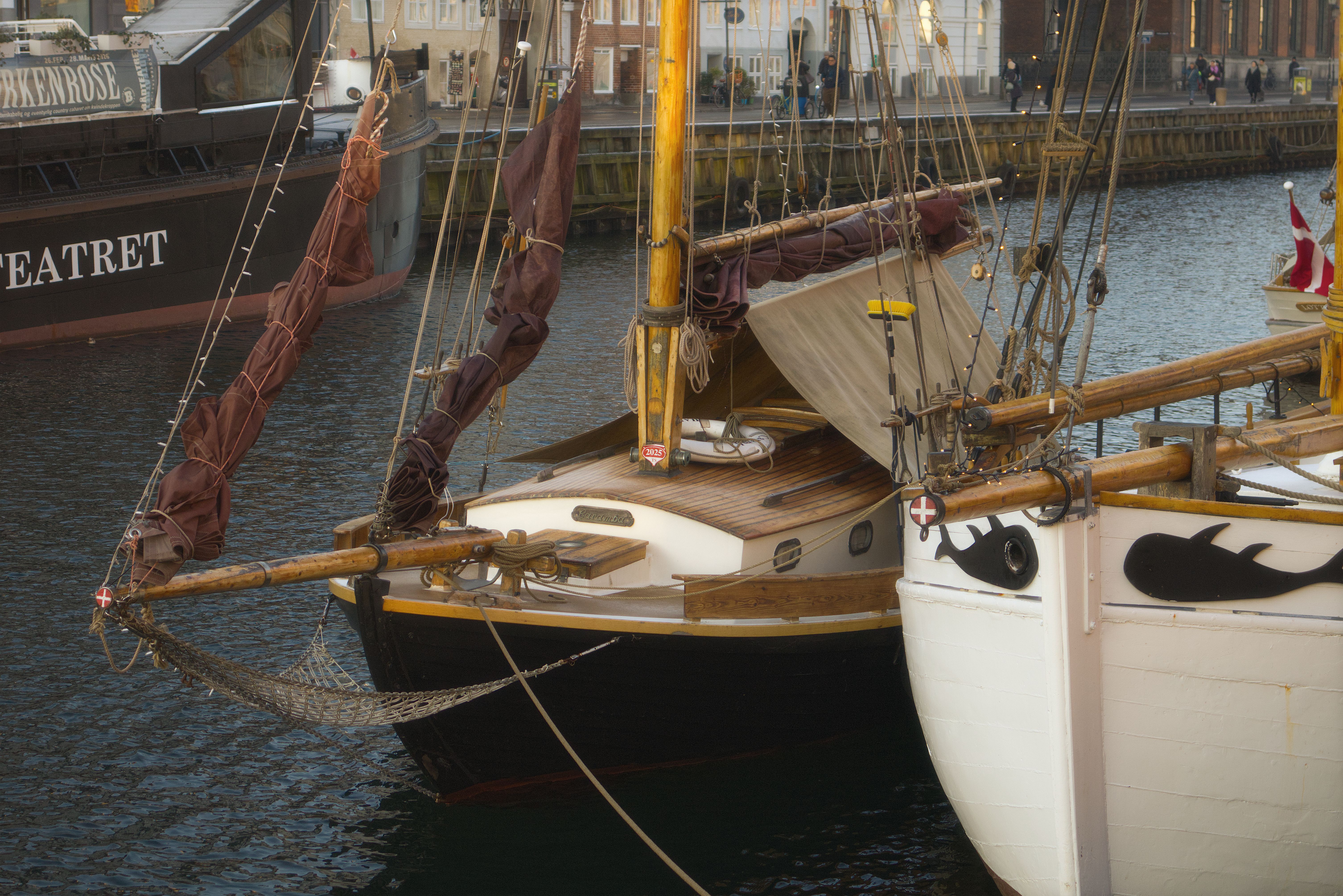 Close-up of vintage sailboats moored at a scenic Copenhagen harbor.