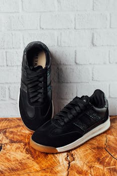 Black sneakers placed on rustic wood against a white brick wall. Perfect for urban style concepts.
