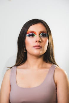 A striking portrait of a woman with vibrant rainbow eyeshadow, showcasing bold and artistic makeup.