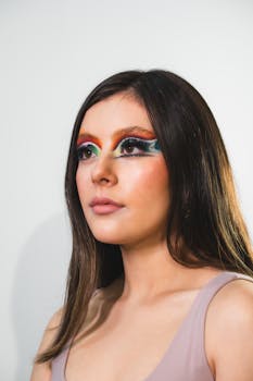 A woman with vibrant rainbow eye makeup, looking confidently into the distance.