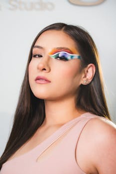 Close-up of a young woman with colorful creative makeup, showcasing bold artistic eye design.