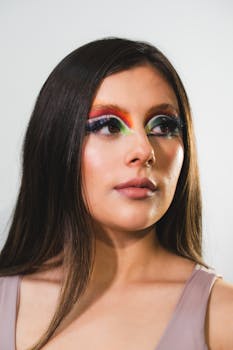 Close-up portrait of a woman with vibrant rainbow eyeliner and artistic makeup.