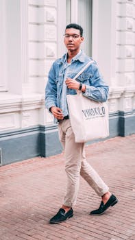 A young man in a jean jacket with a tote bag walks confidently in an urban setting.