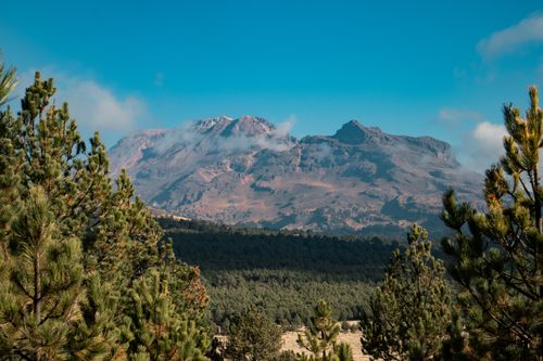 Free Picturesque mountainous landscape surrounded by lush pine forest under a clear blue sky. Stock Photo