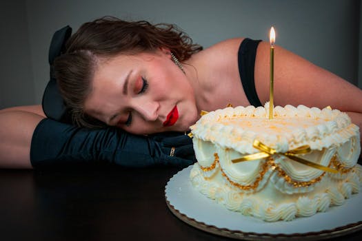 Woman in black dress and gloves rests on table with decorated birthday cake and candle.
