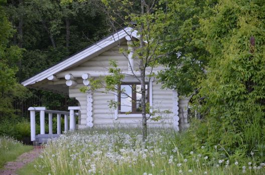 Serene log cabin surrounded by lush greenery and wildflowers in a tranquil outdoor setting.