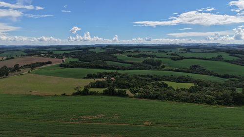 Free Scenic aerial view of green rolling fields in Brazil beneath a clear blue sky with scattered clouds. Stock Photo