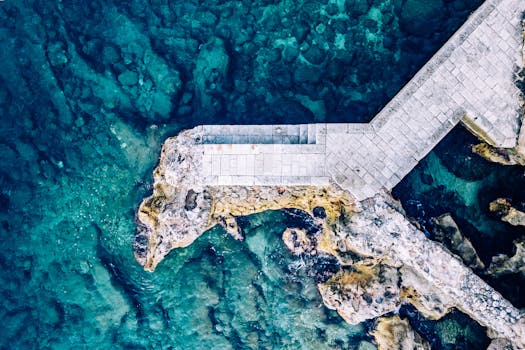Stunning aerial view of the rocky shoreline and turquoise waters in Dubrovnik, Croatia.